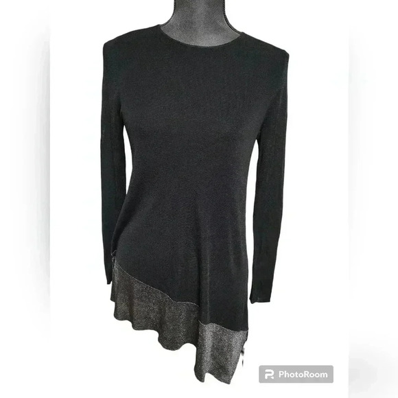 Eileen Fisher Tunic Top Asymmetric Hem Black Metallic Silver Sheer Knit - Picture 1 of 4